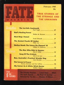 Fate 2/1960-Clark-All text cover-35¢ cover price-Men Who Ride in Saucers- Whi...