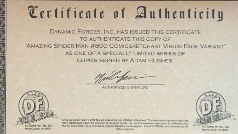 Amazing Spider-man #800 Hughes Sketch Art CSA variant Double signed W/COA NM.