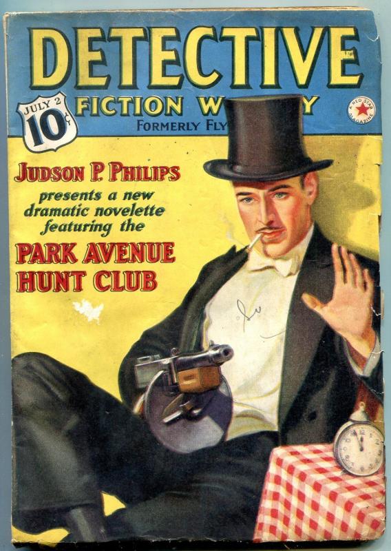 Detective Fiction Weekly Pulp 7/2/38- Park Ave Hunt Club- Tommy Gun cover VG