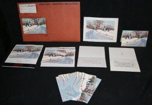 Original Christmas Greeting Card Art LOT - Snowy Church by the Road & Trees