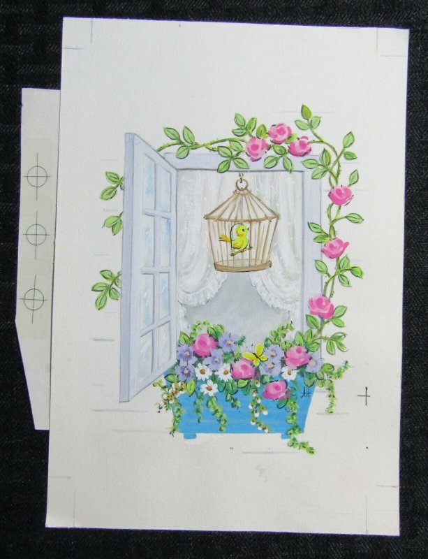 GET WELL SOON Window Bird in Cage w/ Flowers 5.5x8 Greeting Card Art #C8689