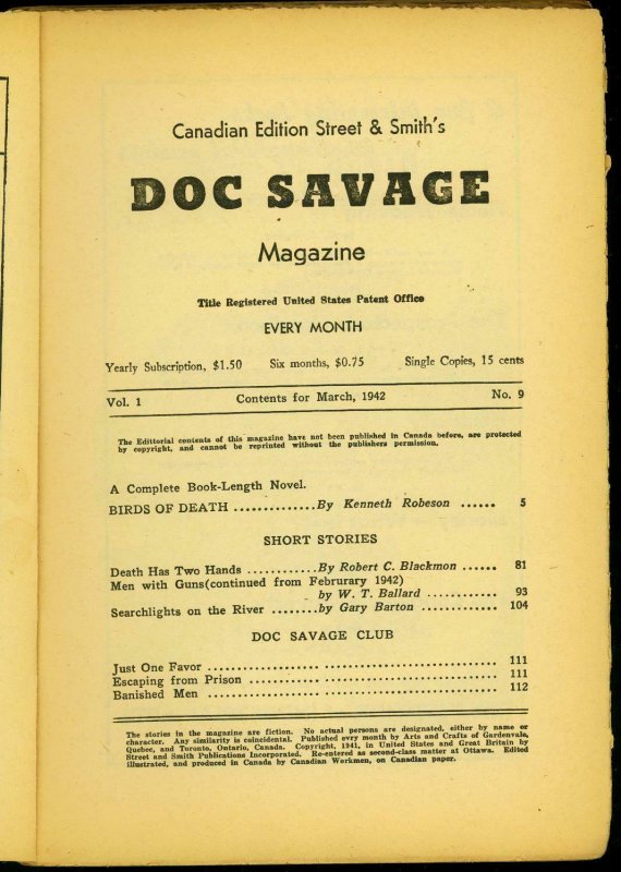 Doc Savage Pulp #9 March 1942- Birds of Death- Canadian Variant reading copy