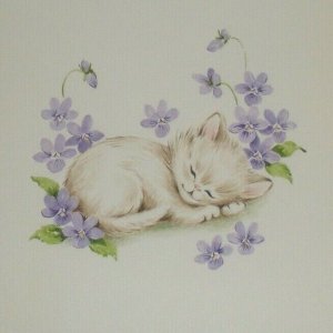 HAPPY BIRTHDAY Cute Kitten Sleeping Purple Flowers 6x8 Greeting Card Art #4316