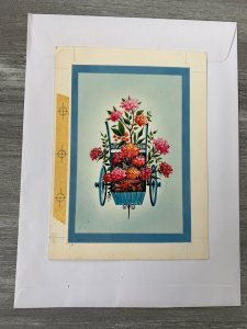 HAPPY MOTHERS DAY Pink & Orange Flowers on Cart 6.5x9 Greeting Card Art MD8646