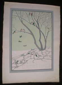 SEASONS GREETINGS Blue Birds in Snowy Tree 11x15 Greeting Card Art #nn