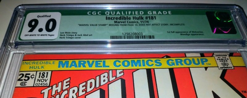 Hulk 181 CGC 9.0 1st Wolverine unpressed 