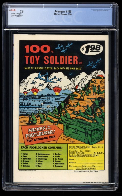 Avengers #195 CGC VF- 7.5 White Pages Newsstand Variant 1st Cameo Taskmaster!