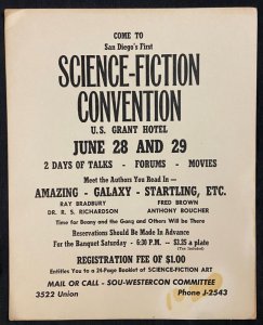 1952 1ST SAN DIEGO SCI FI CONVENTION  PROMO POSTER (BEFORE SDCC) RARE FN/VF
