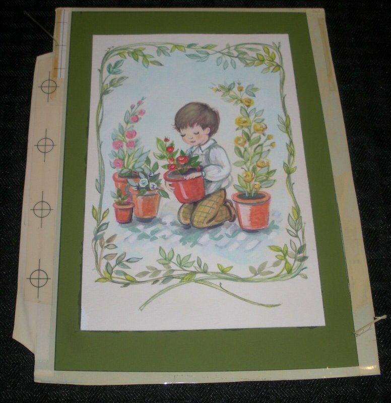 HAPPY BIRTHDAY Cute Boy Potting Plants Flowers 6x8 Greeting Card Art #7550