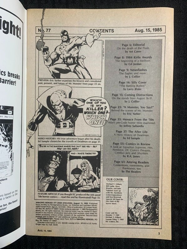 1985 AMAZING HEROES Comic Magazine #77 FN+ 6.5 Swamp Thing & Mr Monster