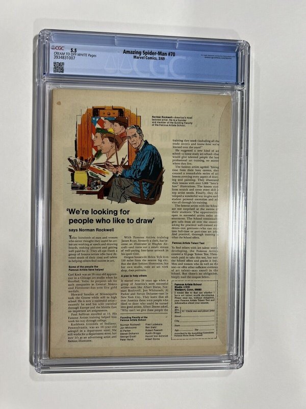 Amazing Spider-man 70 cgc 5.5 cr/ow Pages Marvel 1969