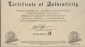 ABSOLUTE CARNAGE #1 ARTGERM COVER SIGNED IN GOLD BY DONNY CATES W/COA NM.