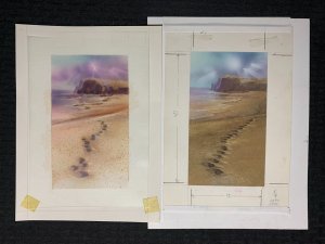 FOOTPRINTS on Beach w/ Rocks & Color Rough 2pcs 8x10.5 Greeting Card Art #nn