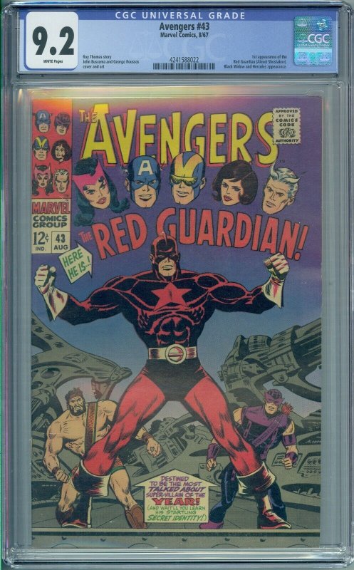 AVENGERS #43 CGC 9.2 1ST RED GUARDIAN  BLACK WIDOW JOHN BUSCEMA WHITE PAGES