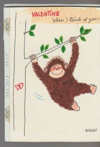 VALENTINE Cute Cartoon Monkey Swinging on Branch 4.5x6 Greeting Card Art #V3518