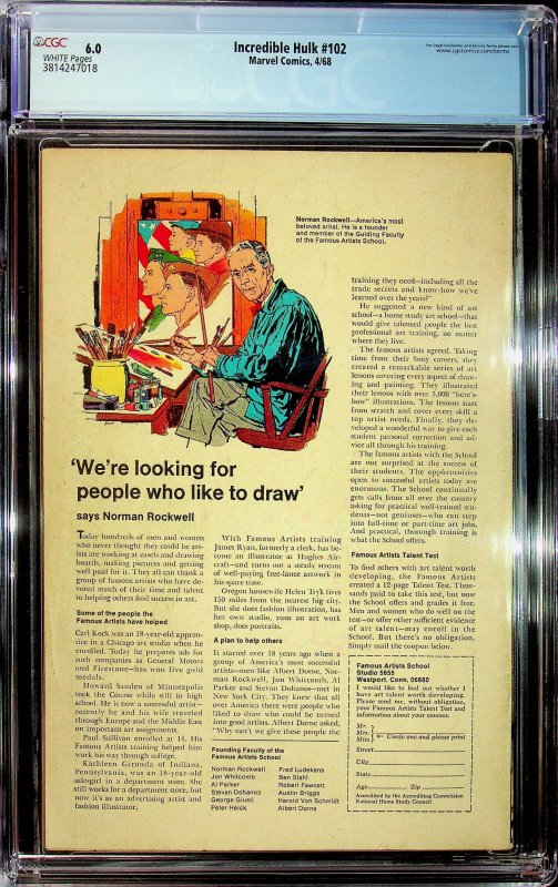 The Incredible Hulk #102 (1968) - CGC 6.0 - Cert #3814247018