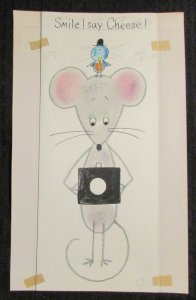 SMILE SAY CHEESE! Mouse w/ Camera & Bird 5x12 Greeting Card Art #nn