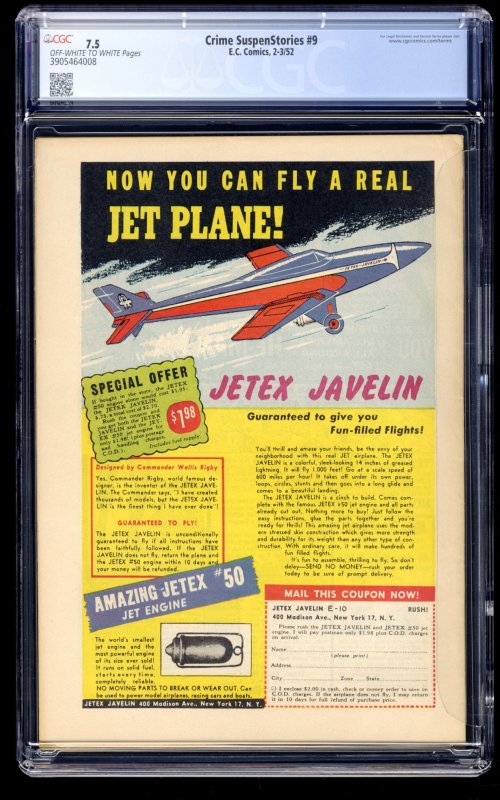 Crime Suspenstories #9 CGC VF- 7.5 Off White to White