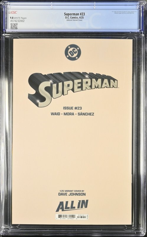 SUPERMAN #23 DC COMICS 2025 DAVE JOHNSON 1:25 VARIANT CGC 9.8 NM
