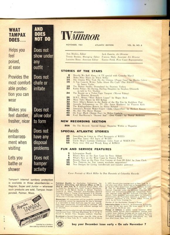 TV Radio Mirror-Mitch Miller-Steve Allen-Disney-Groucho Marx-Nov-1961