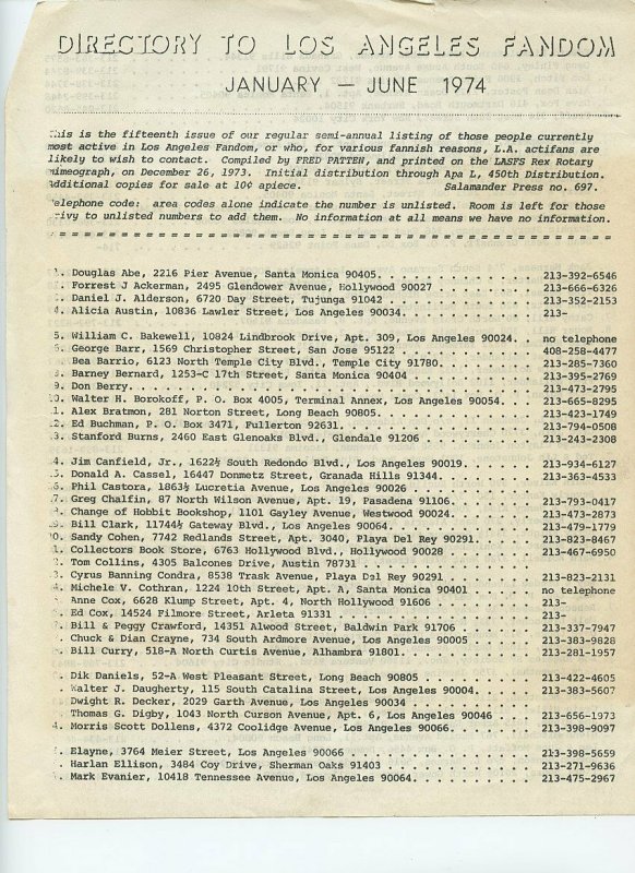 Directory to Los Angeles Fandom (Jan - June 1974) Historical document