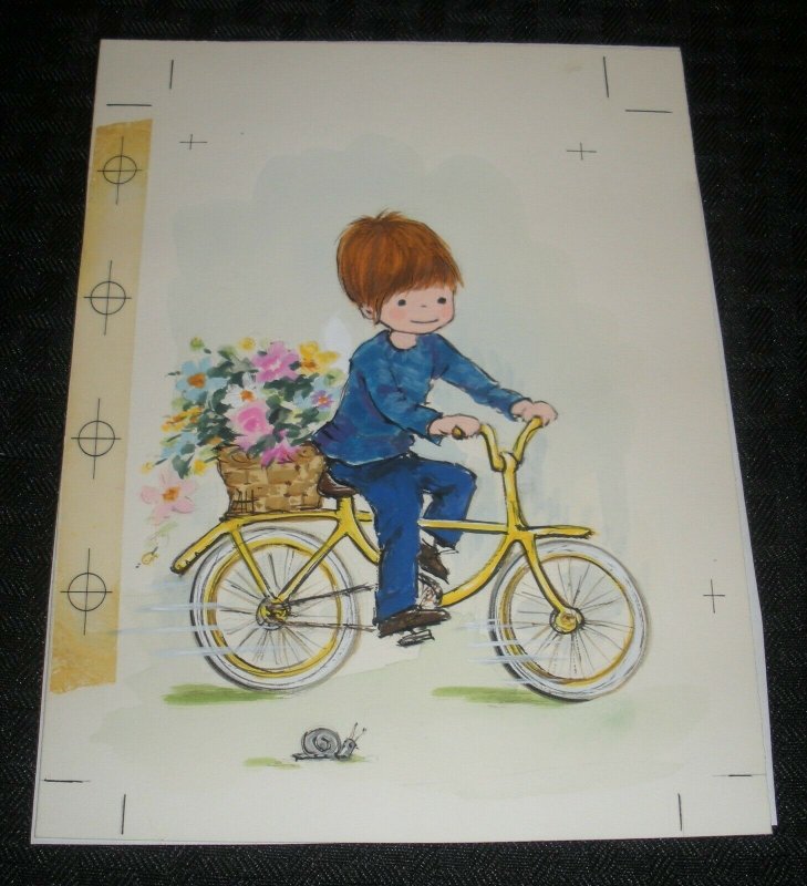 BIRTHDAY Cute Boy Riding Bicycle w/ Flowers 6x7.5 Greeting Card Art #6568