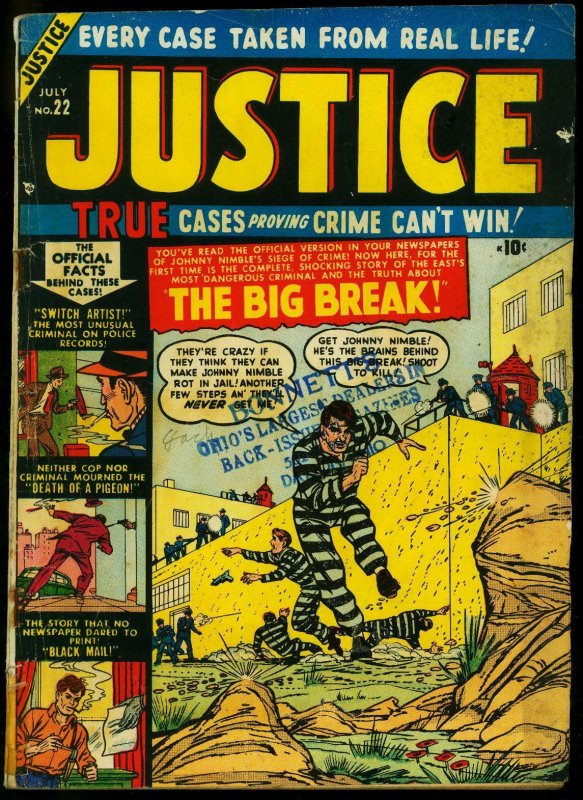 Justice #22 1951- Marvel True Crime comic- Prison break cover G