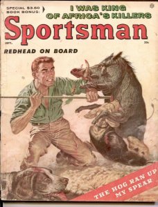 Sportsman 9/1956-Jim Bentley wild boar attack cover-Rudy Nappi-G