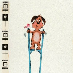 CONGRATULATIONS Cute Dog on Stilts w/ Bird 7.5x11 Greeting Card Art #A9129