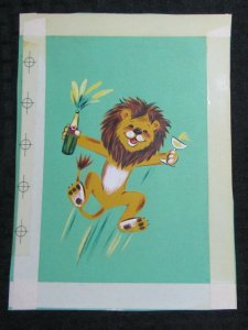 HAPPY BIRTHDAY Jumping Lion with Champagne 7x9.5 Greeting Card Art #B8509