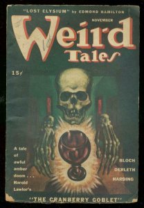 WEIRD TALES NOV 1945-WILD SKULL COVER-DERLETH-BLOCH VG