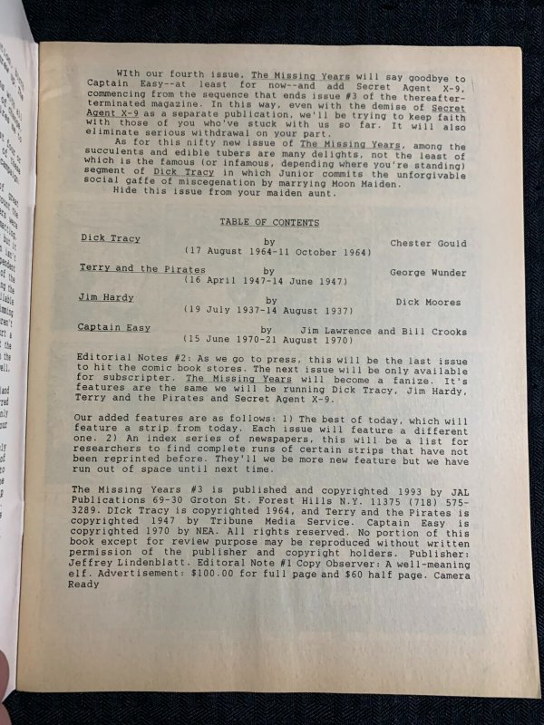 1993 THE MISSING YEARS #3 FN+ 6.5 Dick Tracy / Captain Easy / Jim Handy