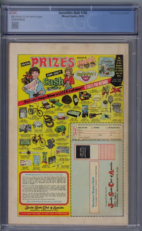 Incredible Hulk #180 1974 Marvel Comics CGC 5.5 1st app Wolverine cameo