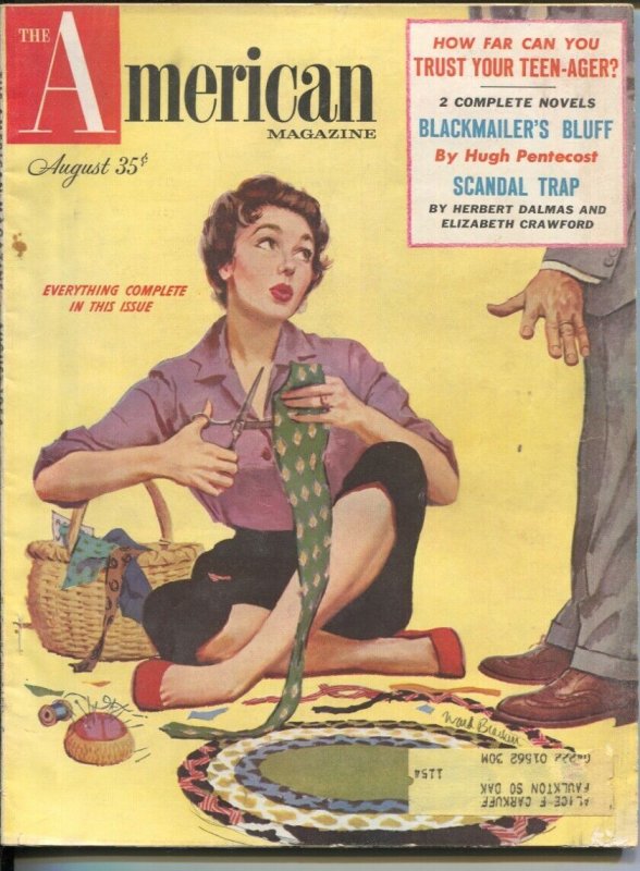 American Magazine 8/1954-tie mayhem cover-Hugh Pentecost pulp fiction-classic...