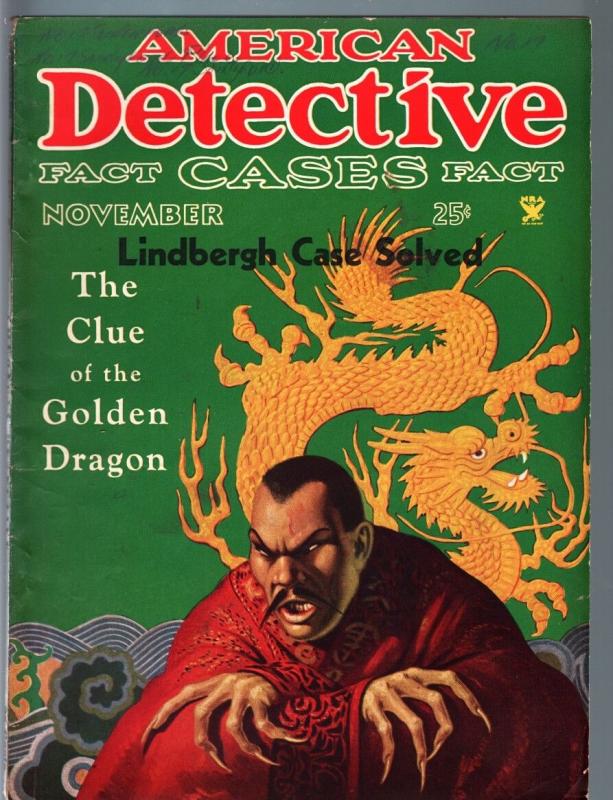 AMERICAN DETECTIVE CASES PULP-NOV 1934-LINDBERGH CASE SOLVED-CRIME-TERROR FN/VF