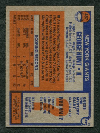 1976 Topps George Hunt #487 NM-MT+  New York Giants