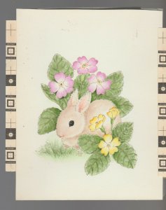 NICE TO REMEMBER Rabbit with Pink & Yellow Flowers 5x7 Greeting Card Art #E2721