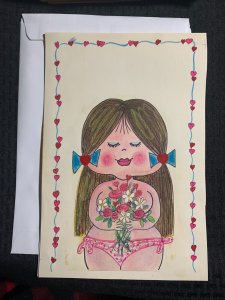 HAPPY VALENTINES DAY Cartoon Girl Holding Bouquet 8x12 Greeting Card Art V1656