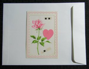 VALENTINES DAY Single Rose w/ Pink Heart Border 4.5x7 Greeting Card Art #V3532