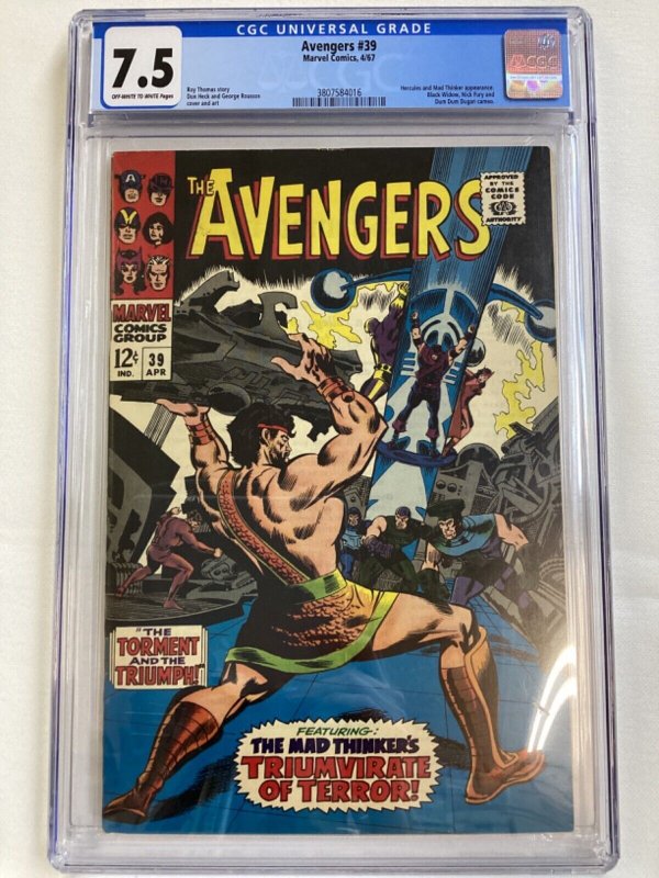 Avengers #39 - CGC 7.5 - Marvel 1967 - Hurcules, Mad Thinker, Black Widow, Fury!