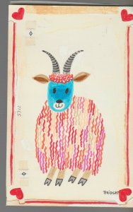 BE MY VALENTINE Colorful Blue-Faced Goat with Horns 5x8 Greeting Card Art #V3711