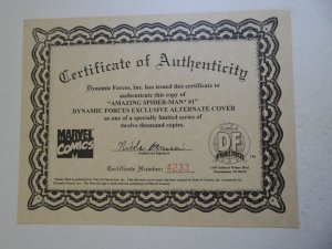The Amazing Spider-Man #1 Dynamic Forces Alt Cover W/CoA! NM- Condition