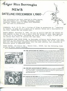 Edgar Rice Burroughs News Dateline #6 12/1/1980-Tarzan-fanzine-newsletter-FN