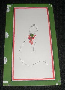 CHRISTMAS White Cat w/ Red Ribbon & Holly 4x7 Greeting Card Art #69