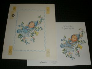 CONGRATULATIONS New Baby Boy in Chair Yawning 7.25x9 Greeting Card Art #1810B