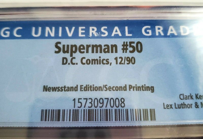 Superman #50 CGC 9.2 (DC 1990) Newsstand, Rare 2nd Print, Only 9 in census 