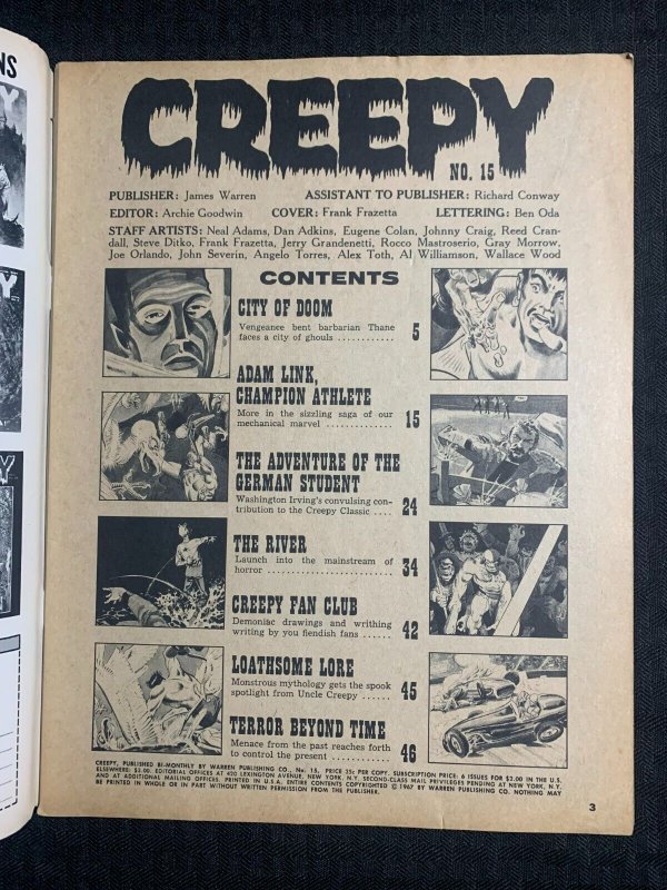 1967 CREEPY Warren Magazine #15 VG/FN 5.0 Frank Frazetta Cover / Neal Adams