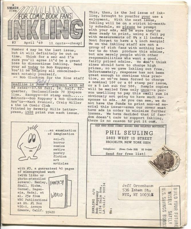 Inking #3 1969-Rob Gluckson-L.A. Comic Book Clup-Keith Tucker-VG