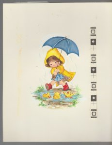 HELLO Cute Girl w/ Blue Umbrella & Ducklings 7.5x9.5 Greeting Card Art #E2311