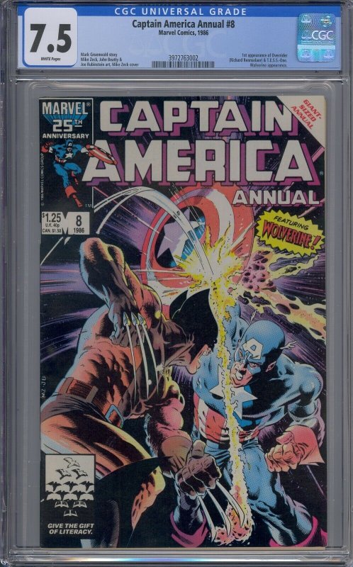 CAPTAIN AMERICA ANNUAL #8 CGC 7.5 WOLVERINE 1ST OVERRIDER WHITE PAGES 